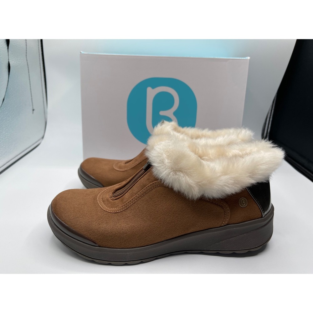 Bzees Womens Brown Faux Suede Faux Fur Trim Front Zip Ankle Boots Size‎ 7.5